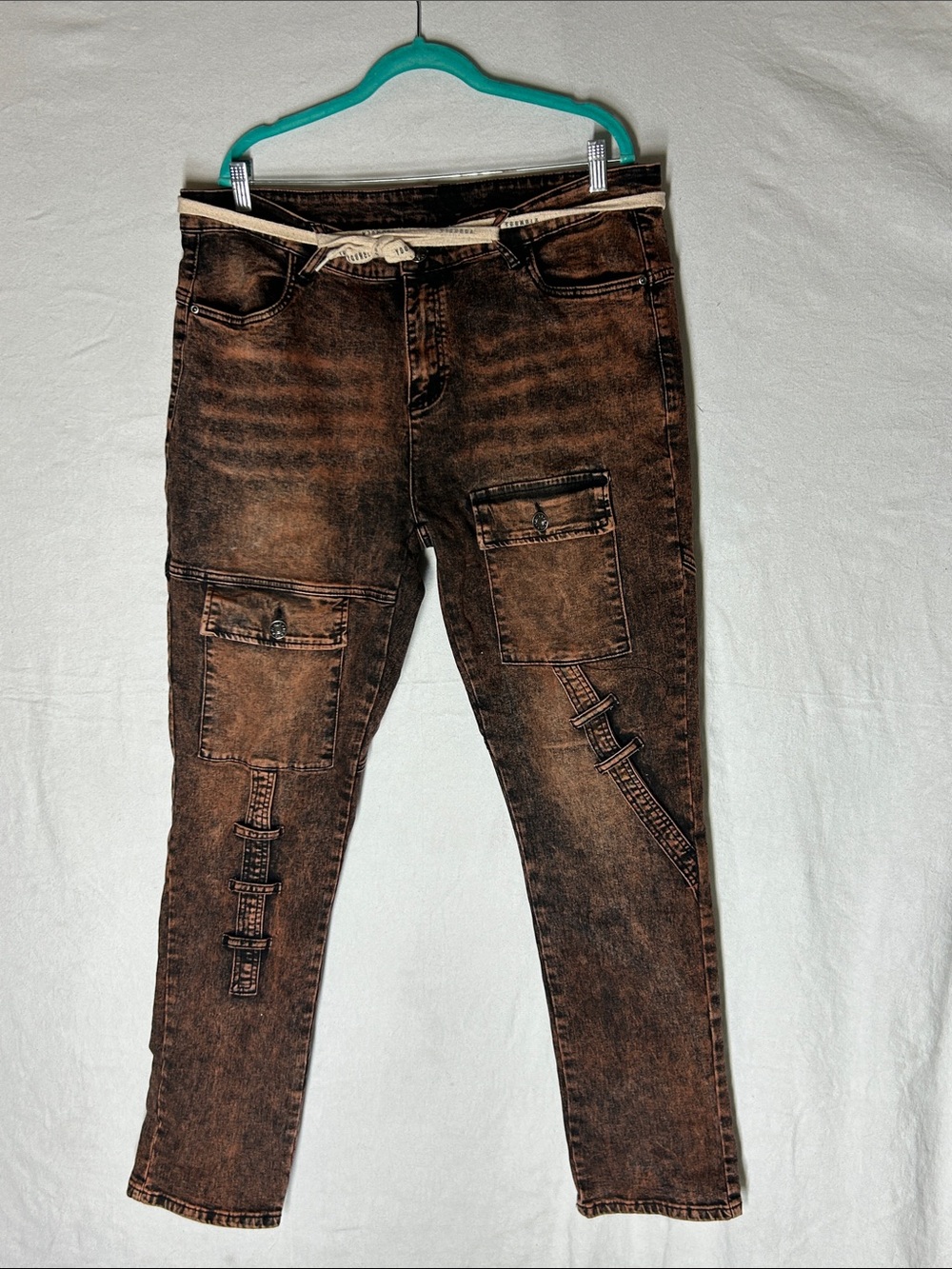 YoungLA Men's Brown Washed Slim Cargo Jeans